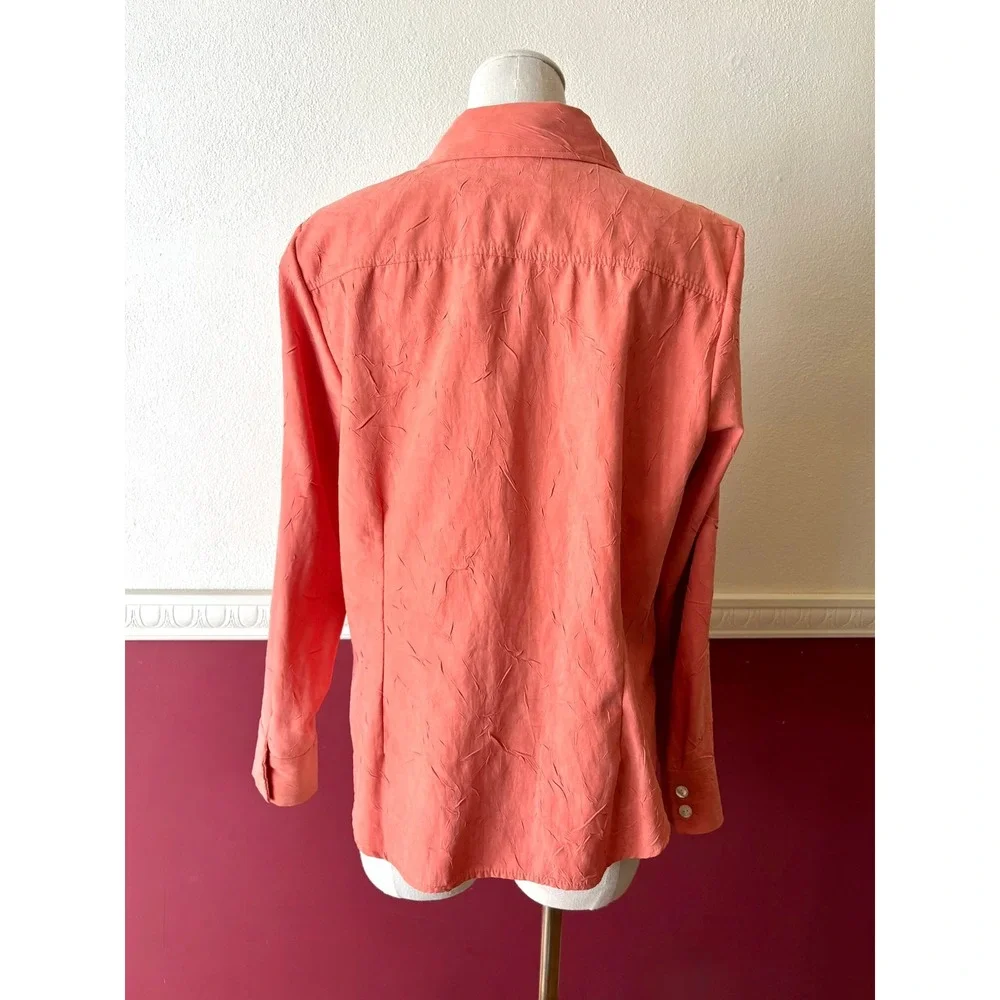 Coldwater Creek Coral Orange Crinkle Texture Button Up Top Women's Petite M Chic